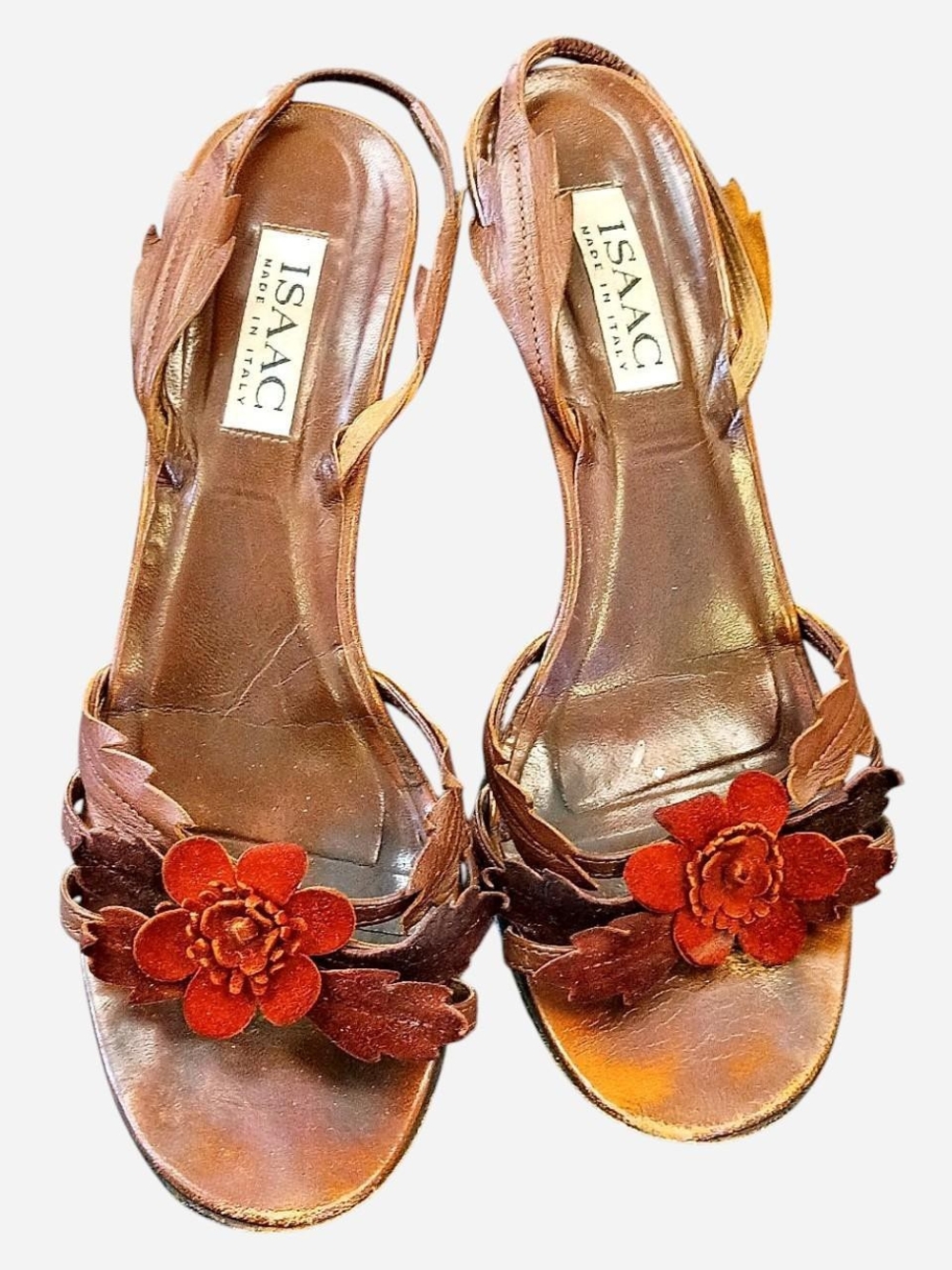 Isaac Leather Brown Slingback Sandals‎ with Red Floral Accent